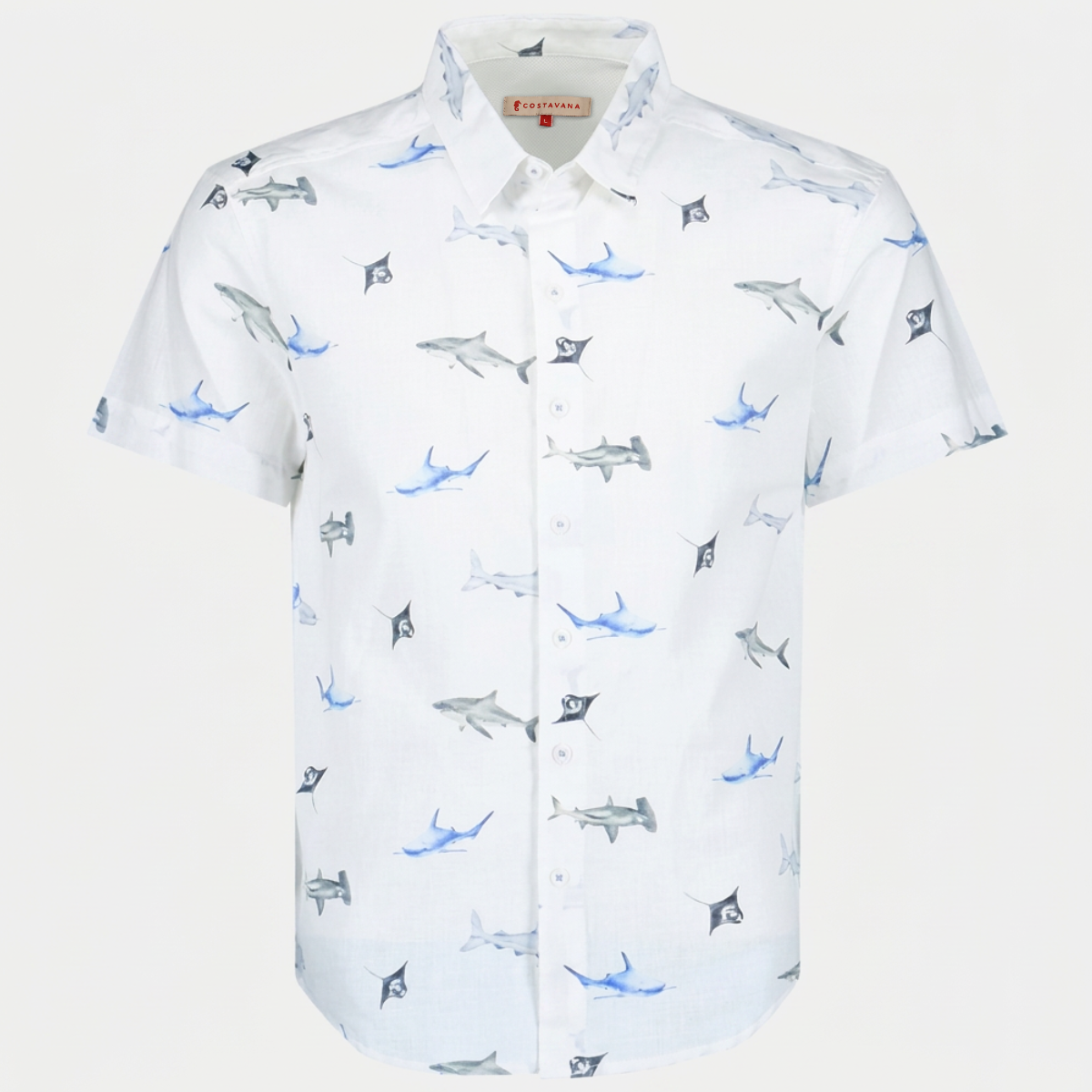 Camisa Estampada Manga Corta Con Lino Tiburones