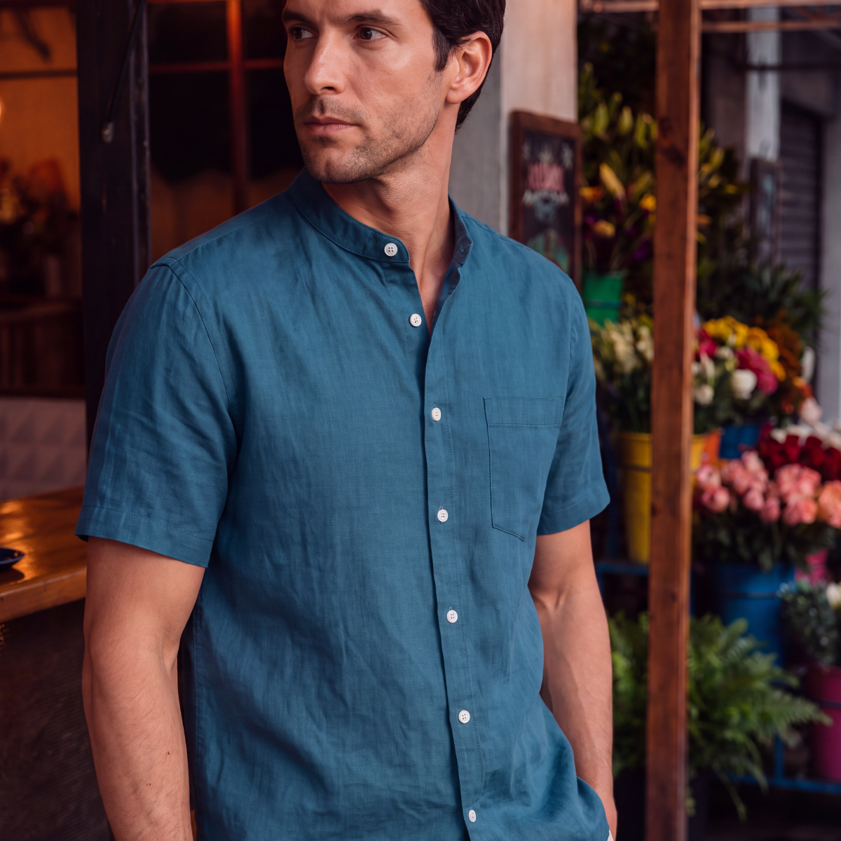 Camisa Manga Corta Cuello Mao Blue Coral