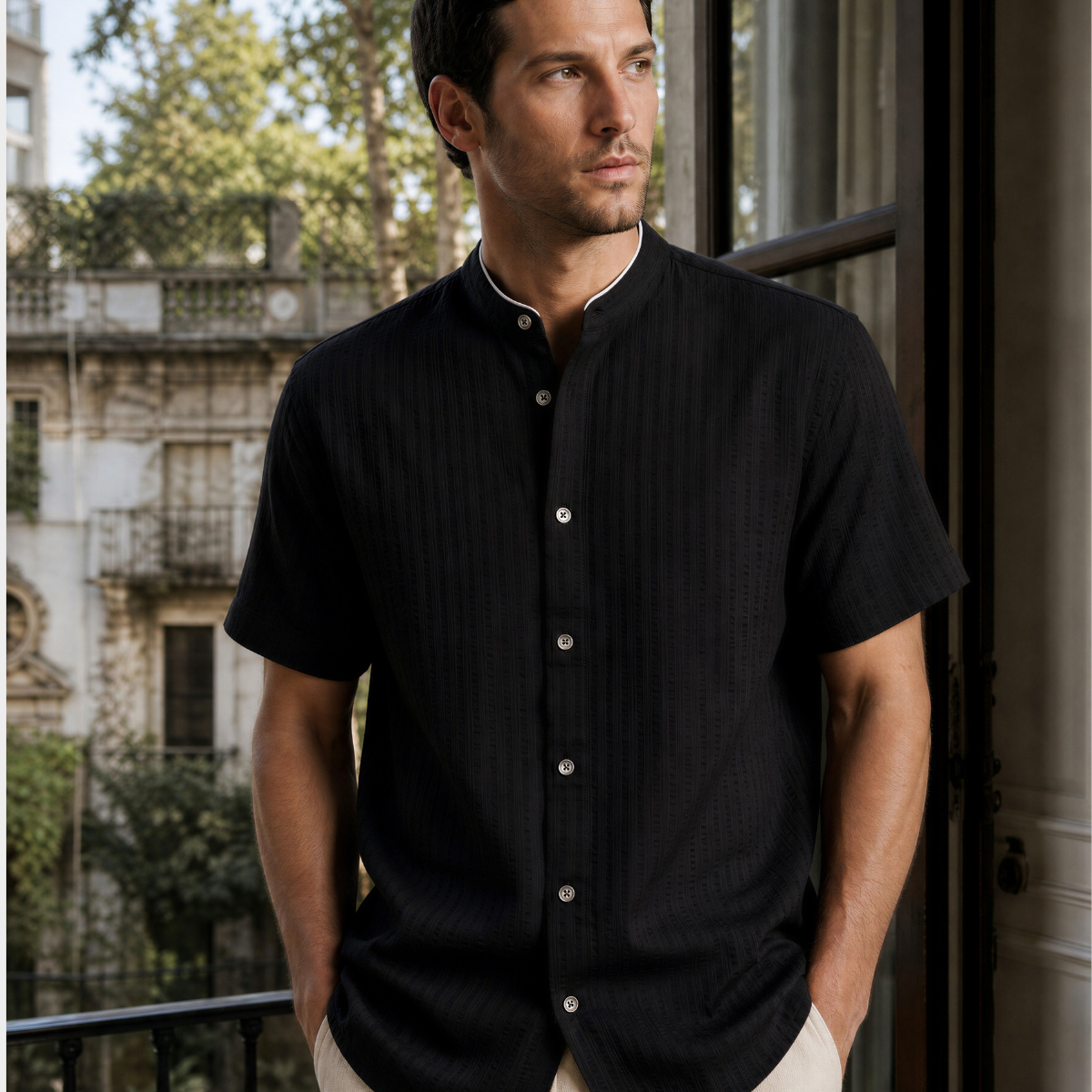 Camisa para Hombre con Cuello Mao Negro
