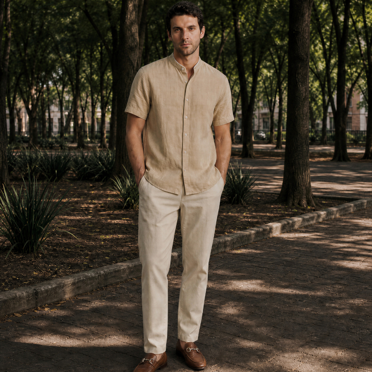 Camisa Cuello Mao para Hombre Beige