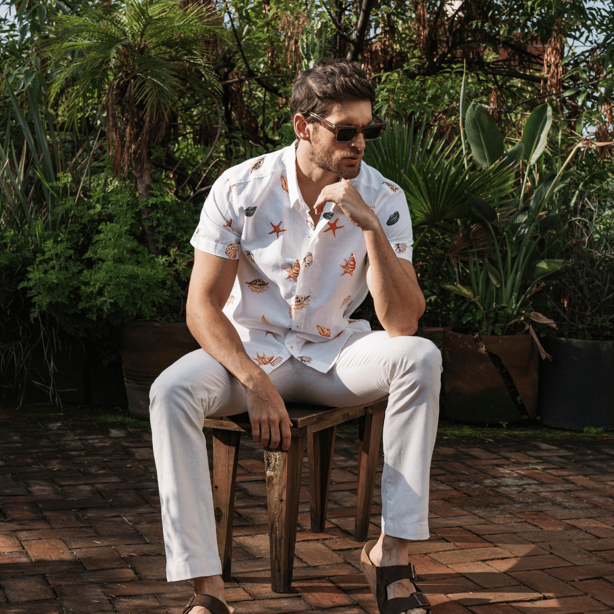 Camisa Estampada Manga Corta Con Lino Sunday