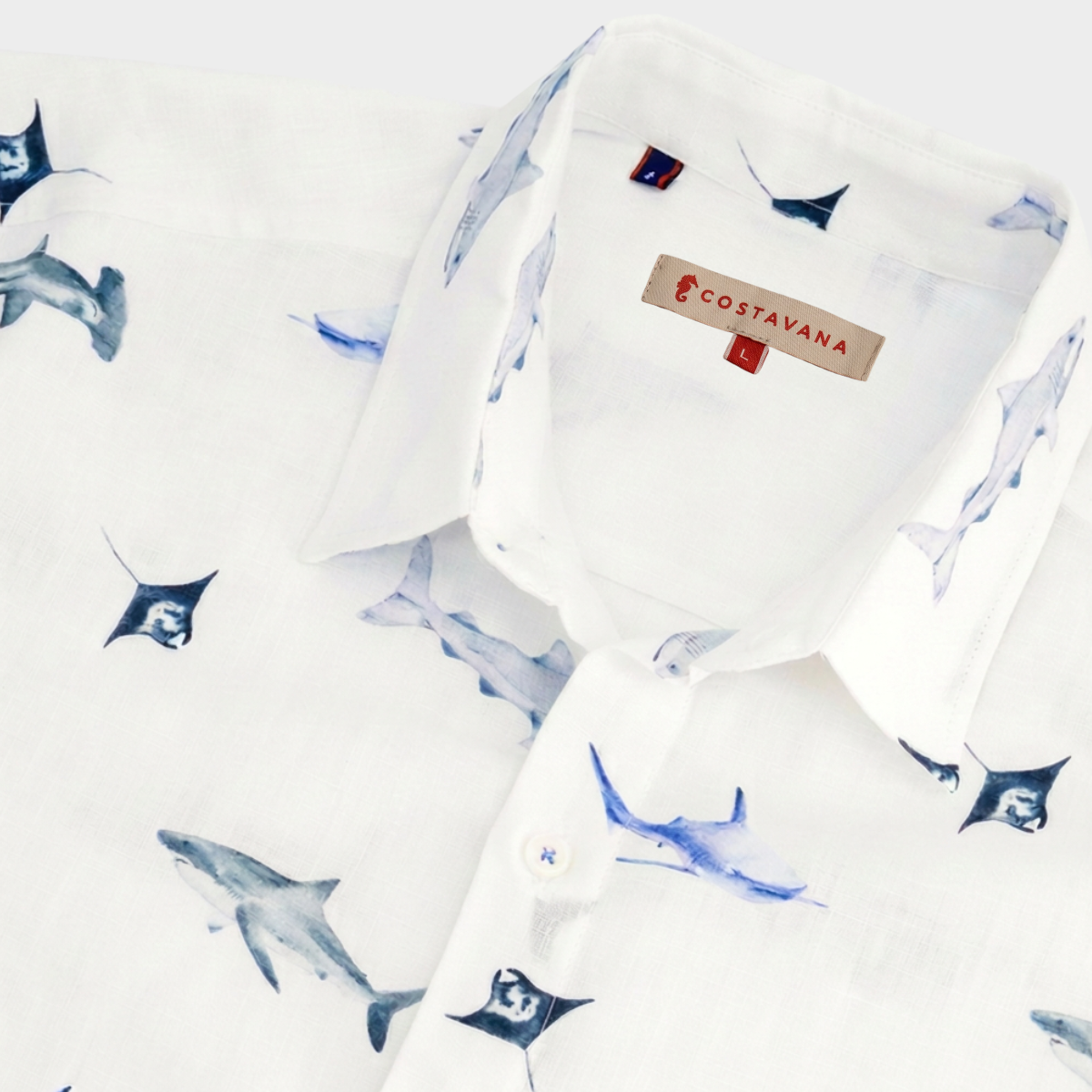 Camisa Estampada Manga Corta Con Lino Tiburones
