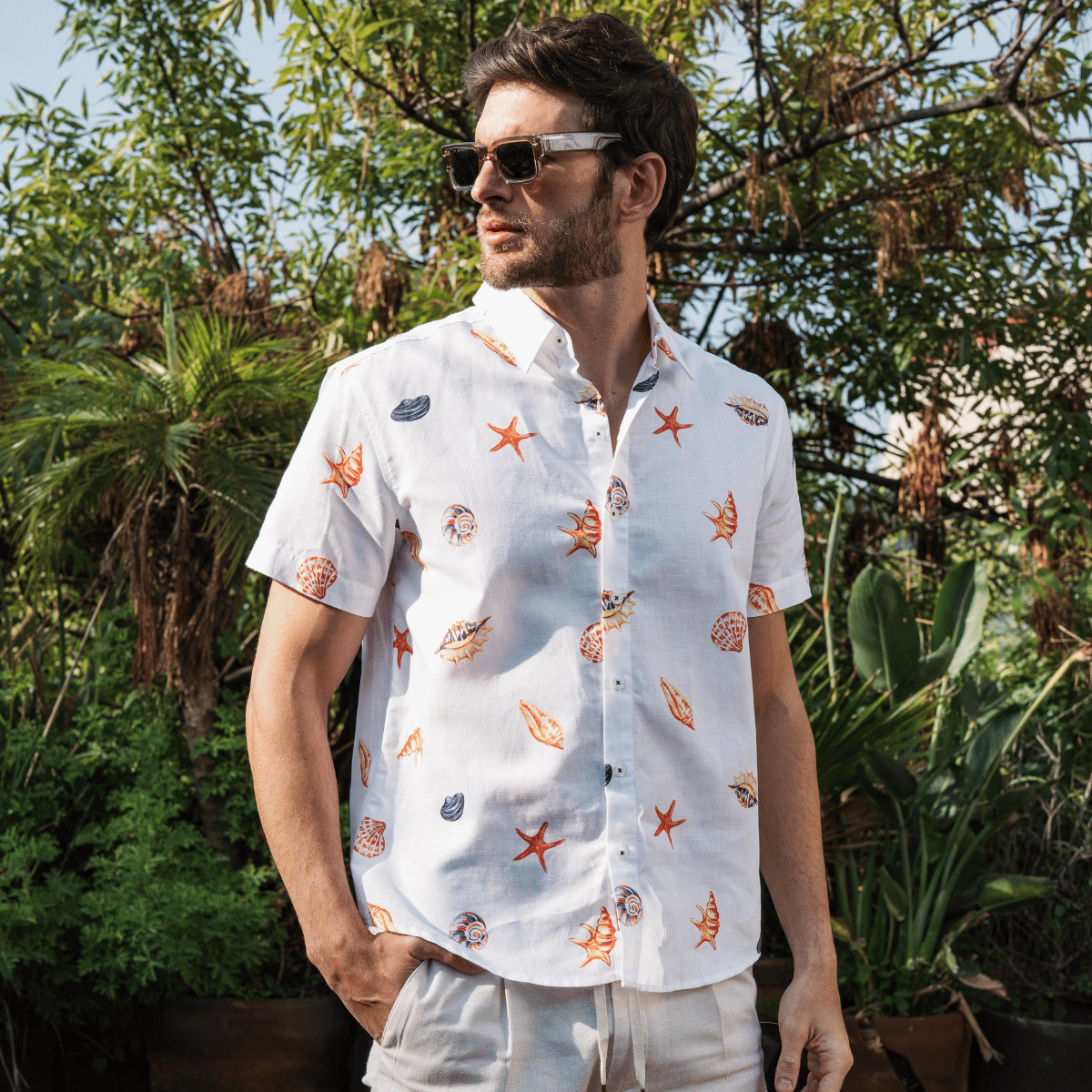 Camisa Estampada Manga Corta Con Lino Sunday