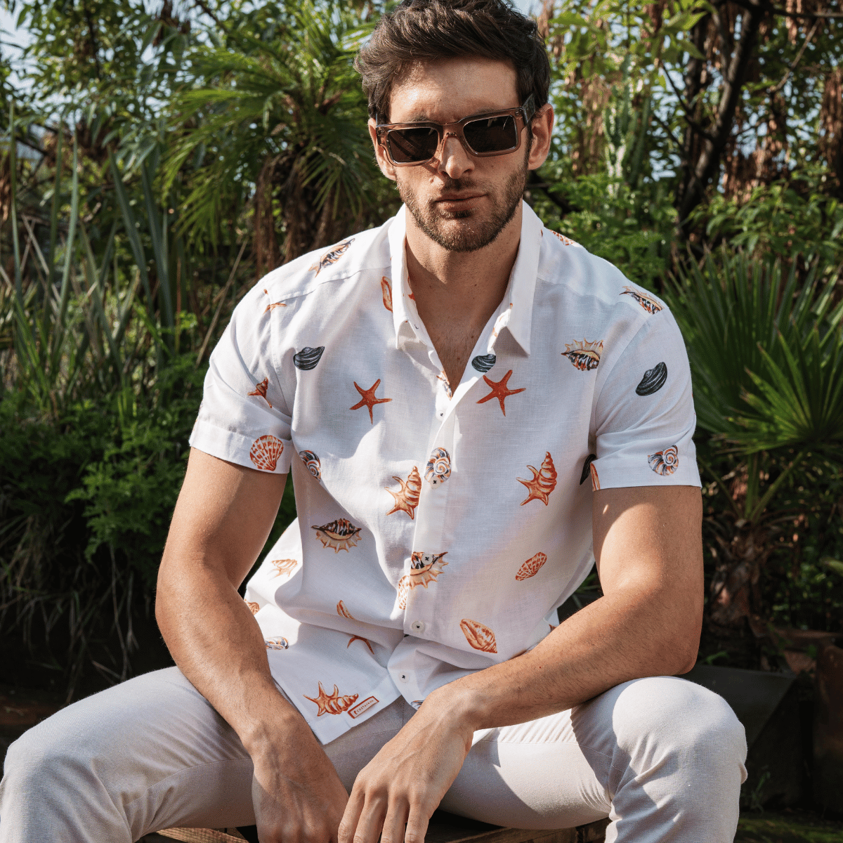 Camisa Estampada Manga Corta Con Lino Sunday