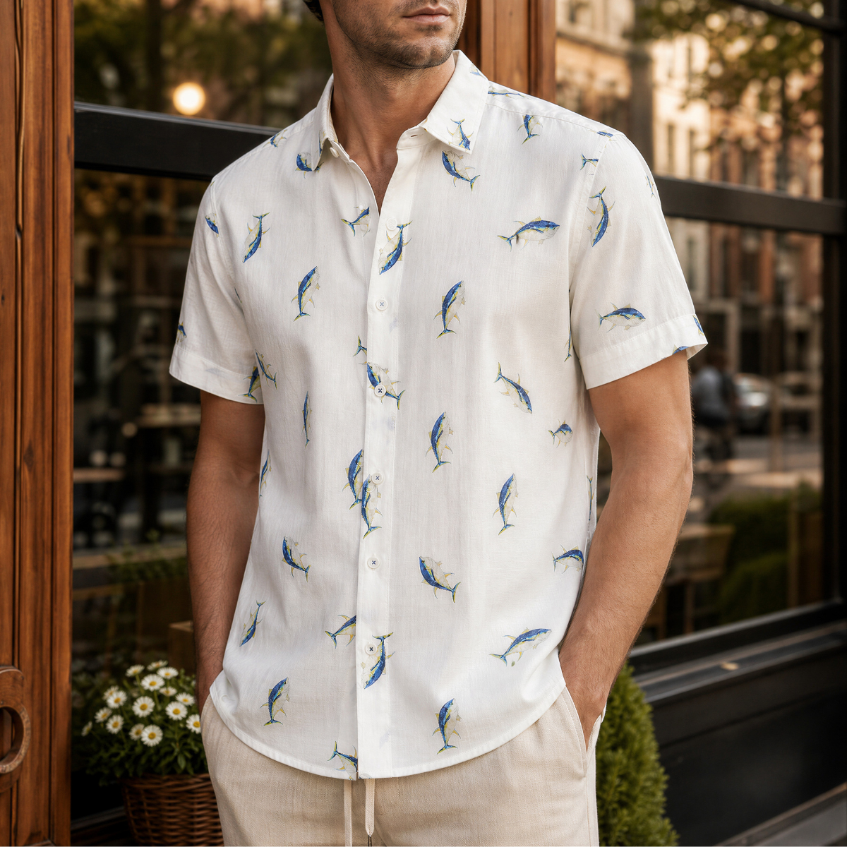 Camisa Estampada Manga Corta Con Lino Atún