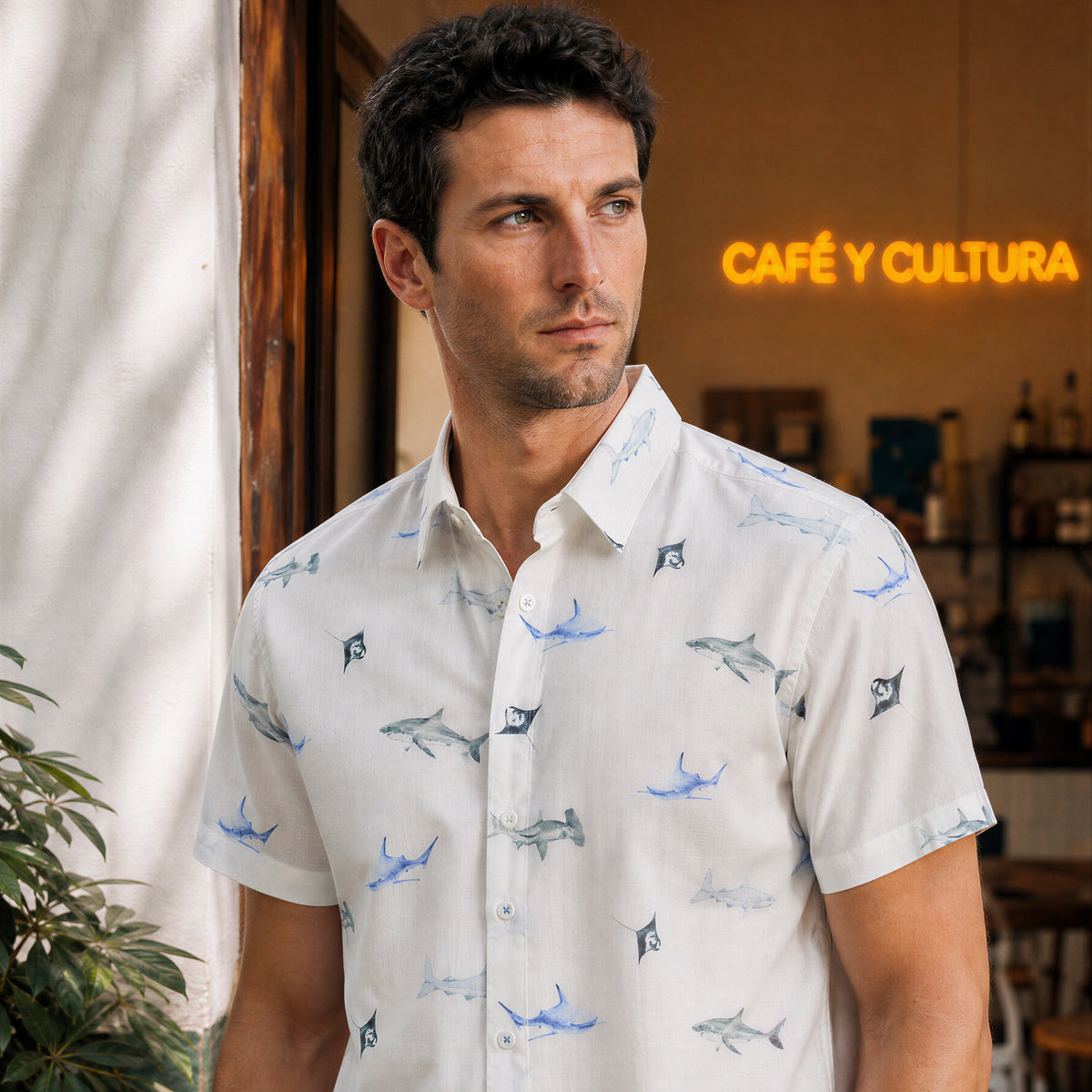 Camisa Estampada Manga Corta Con Lino Tiburones