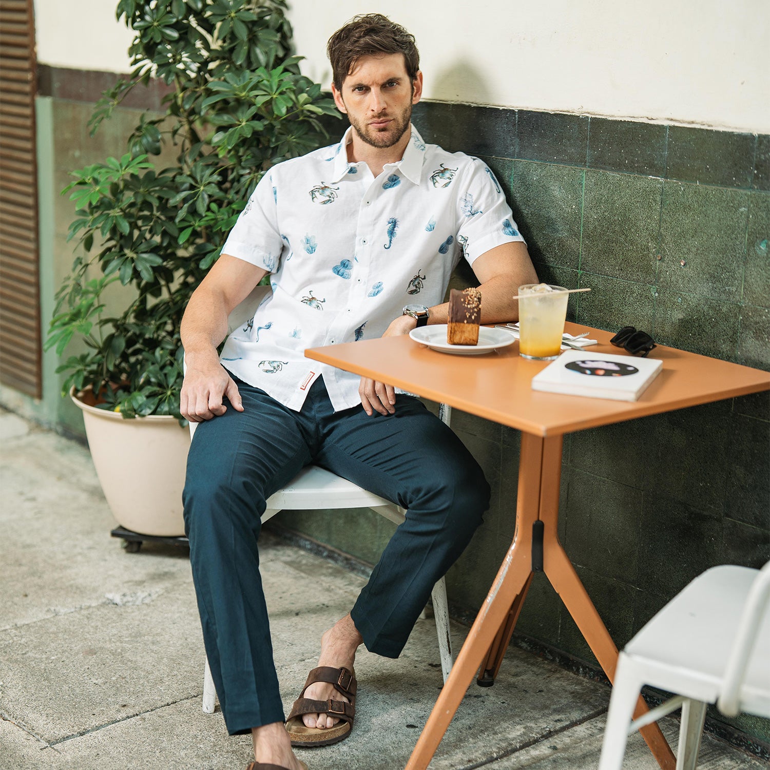 Camisa Estampada Manga Corta Con Lino Cangrejos