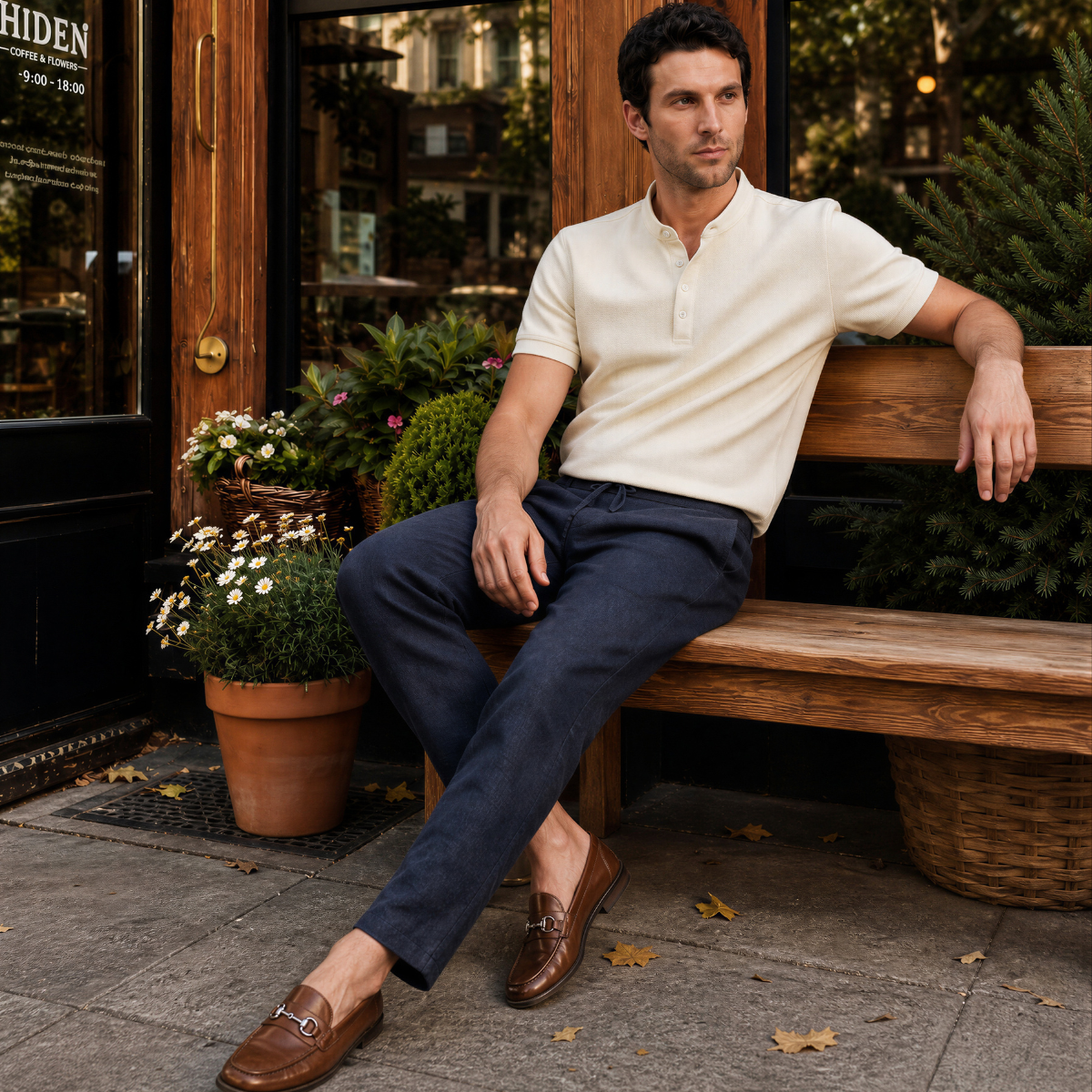 Camisa Polo de Punto para Hombre con Cuello Mao Ivory