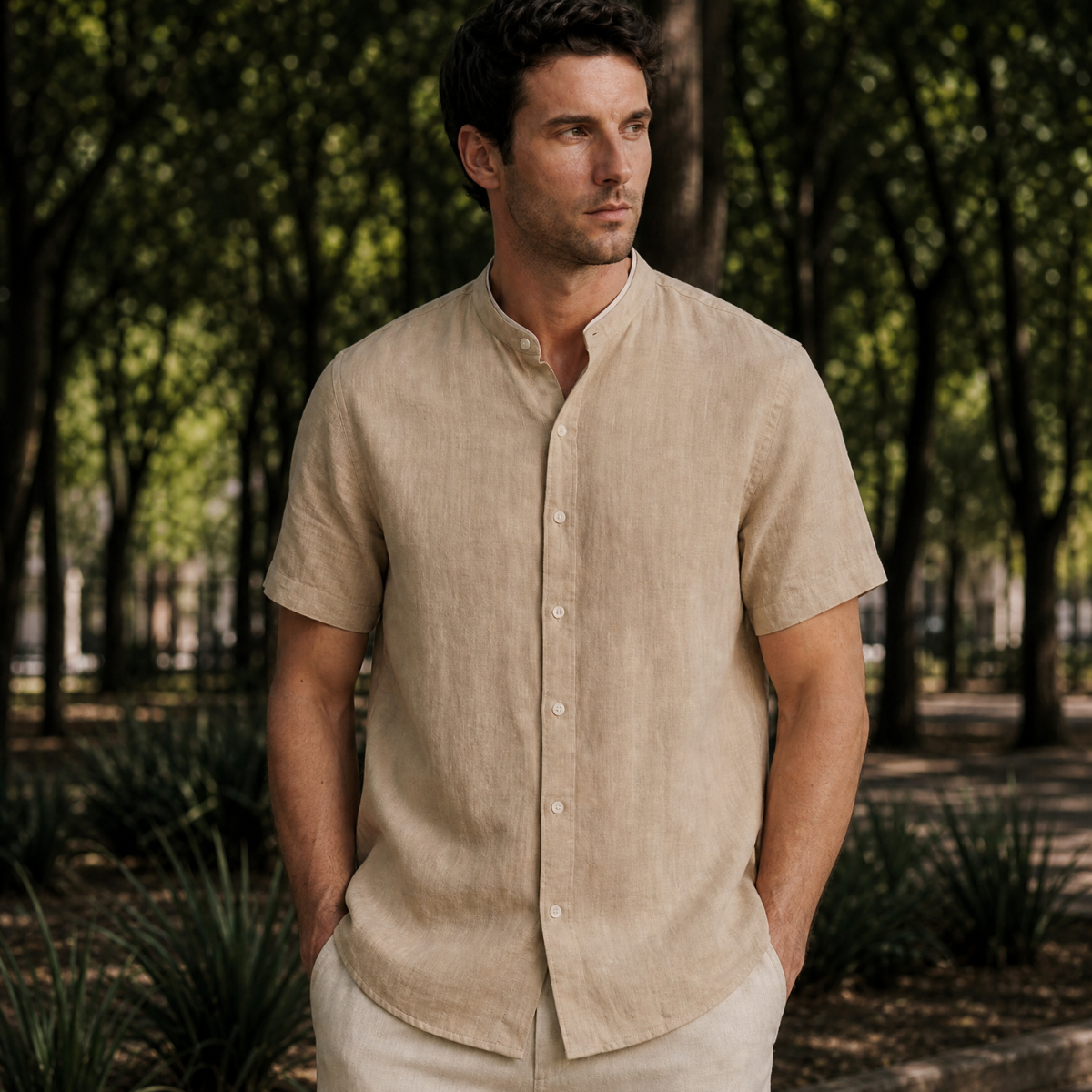 Camisa Cuello Mao para Hombre Beige
