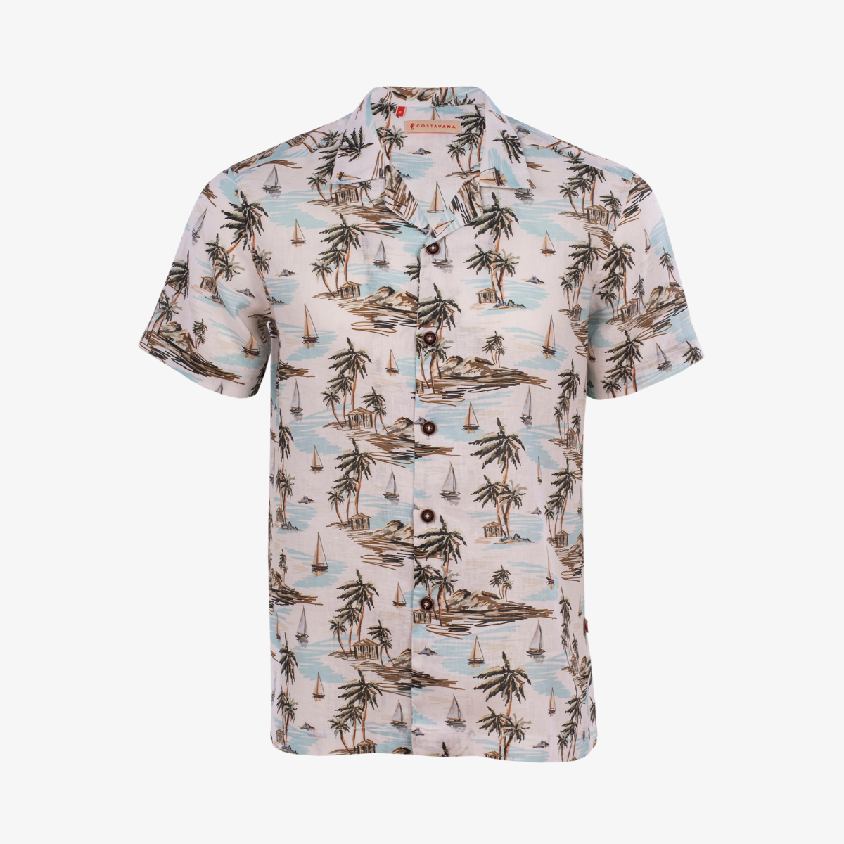 Camisa hawaiana con estampado de palmeras y barcos.