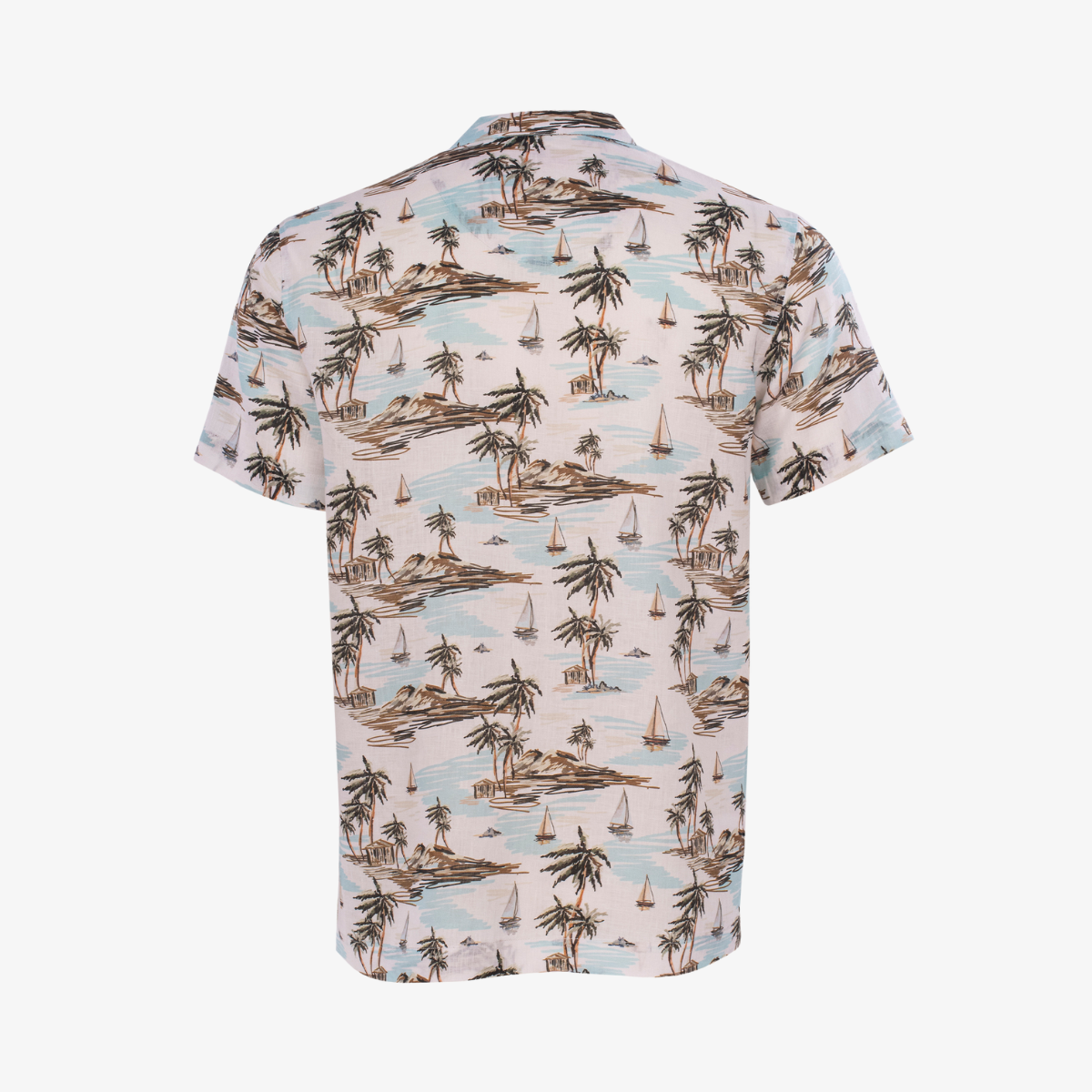 Camisa hawaiana con estampado de palmeras y barcos