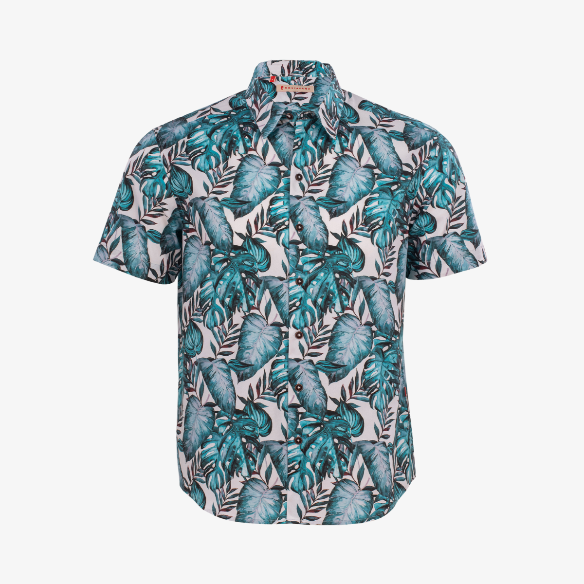 Camisa hawaiana de algodón con manga corta y estampado tropical.