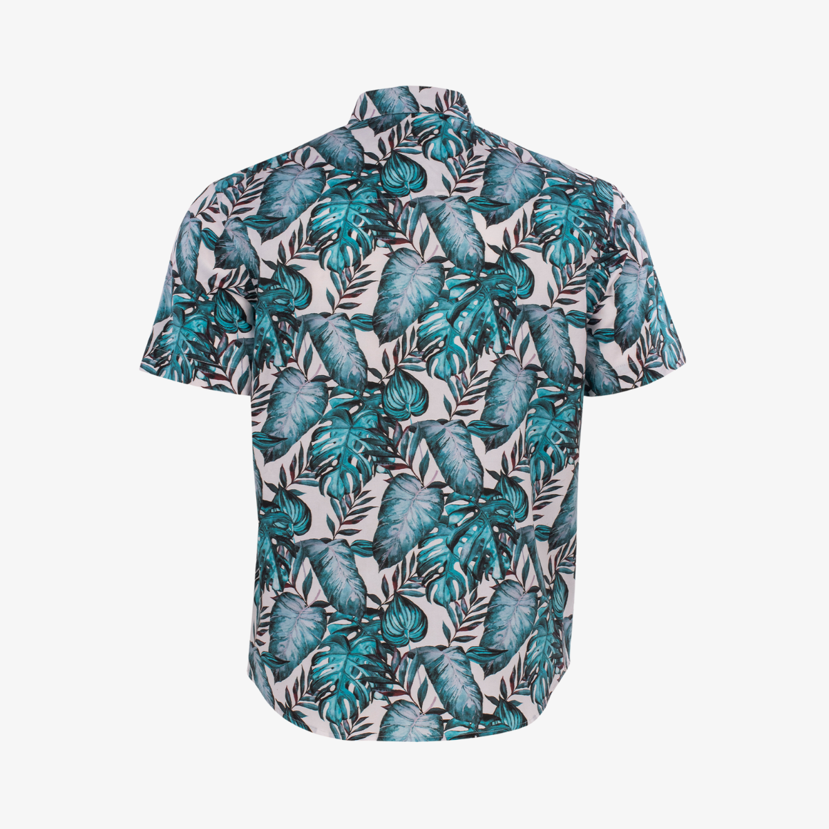 Camisa hawaiana de algodón con manga corta y estampado tropical.