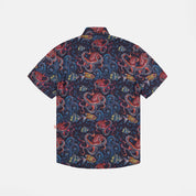 Camisa hawaiana con estampado de pulpo en azul y rojo